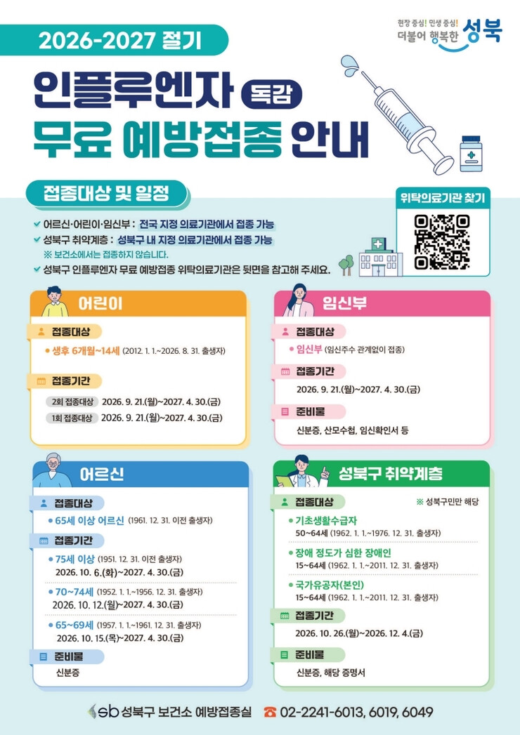 성북구, 아동·임신부 독감 무료 예방...